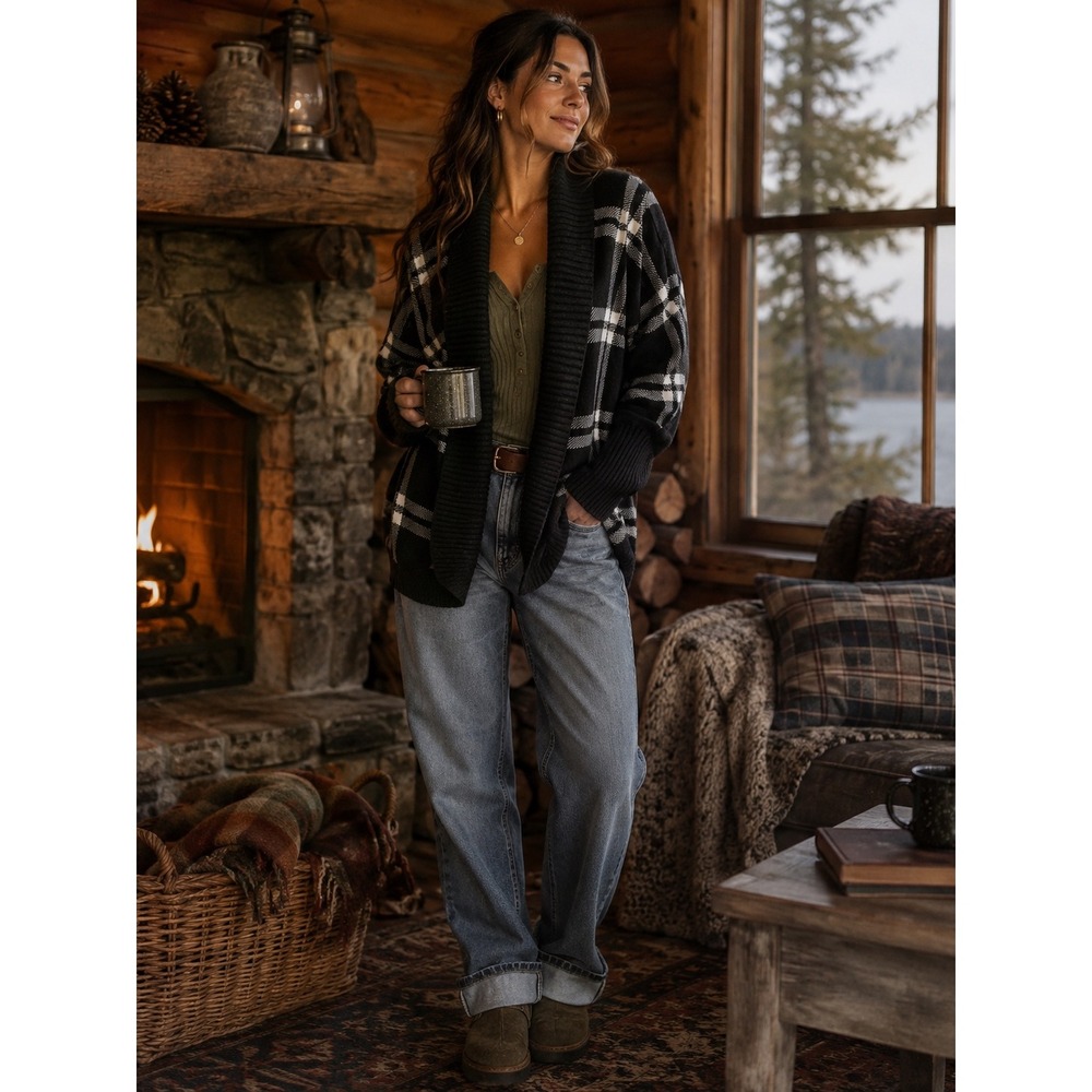 Cynthia Rowley Womens BlackWhite Plaid Shawl Collar Open Front   Shacket L Cabin